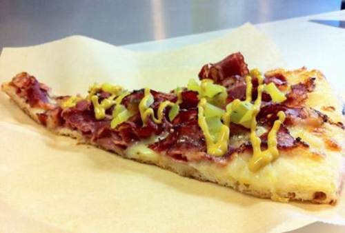 pastrami pickles and mustard pizza